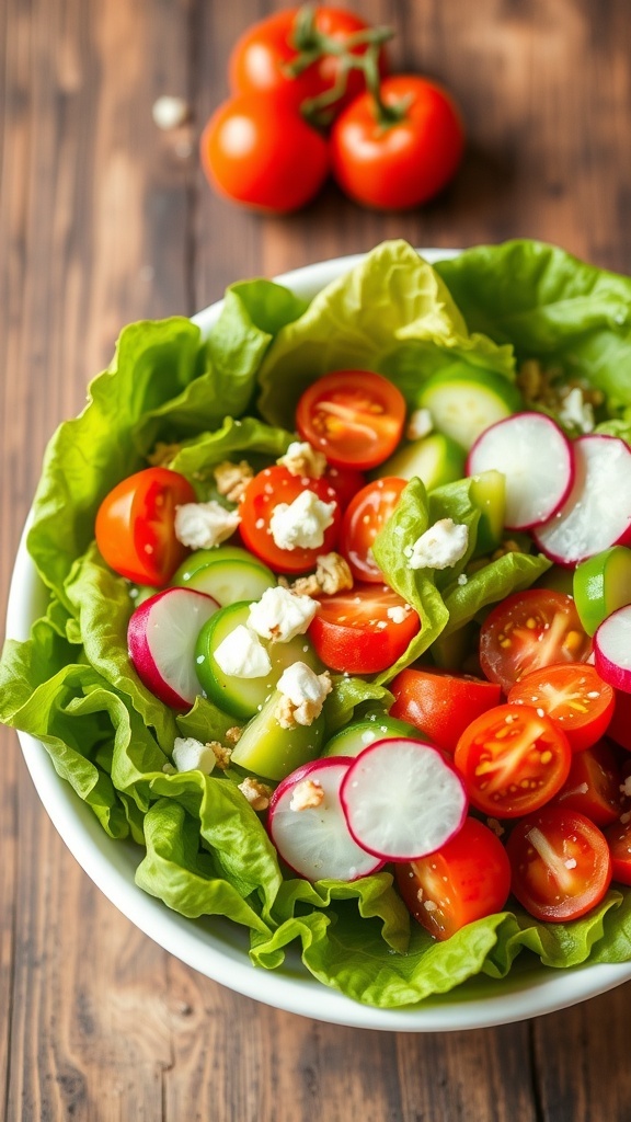 A fresh butter lettuce salad with cherry tomatoes, cucumbers, and radishes, drizzled with vinaigrette on a rustic table.